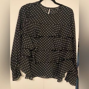 Lea & Viola Womens Black White Polka Dot Ruffle Long Sleeve Blouse
